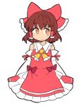  1girl :/ bare_shoulders bow brown_hair commentary detached_sleeves frilled_shirt_collar frilled_skirt frills hair_bow hair_tubes hakurei_reimu ini_(inunabe00) looking_to_the_side short_hair skirt skirt_set solo touhou yellow_eyes 