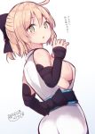  1girl ahoge ass beni_shake black_bow blonde_hair bow breasts brown_eyes eyebrows_visible_through_hair fate/grand_order fate_(series) hair_bow large_breasts looking_at_viewer parted_lips sakura_saber short_hair sideboob signature solo translation_request triangle_mouth 