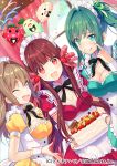  3girls apron black_bow black_ribbon blush bow breasts brown_hair cake character_request cleavage company_name copyright_request eyebrows_visible_through_hair food green_eyes green_hair green_ribbon hair_ribbon holding holding_plate large_breasts long_hair looking_at_viewer maid maid_apron maid_headdress multiple_girls nanotaro one_eye_closed open_mouth plate ponytail red_eyes ribbon smile upper_body wrist_cuffs yellow_eyes 