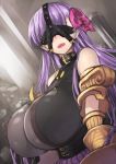  1girl bare_shoulders blindfold blush breasts claws fate/extra fate/extra_ccc fate_(series) hair_ribbon huge_breasts long_hair nagase_haruhito o-ring_top open_mouth passion_lip pink-ribbon purple_hair ribbon solo upper_body very_long_hair 