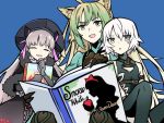  3girls ahoge alice_in_wonderland animal_ears archer_of_red assassin_of_black belt black_dress black_gloves black_hat blonde_hair blue_background book cat_ears claws closed_eyes commentary_request dress elbow_gloves english fate/grand_order fate_(series) frills gloves green_eyes green_hair grey_eyes hat holding holding_book long_hair multicolored_hair multiple_girls nursery_rhyme_(fate/extra) open_book open_mouth reading scar scar_across_eye short_hair sleeveless smile snow_white snow_white_and_the_seven_dwarfs thigh-highs white_hair yuuma_(u-ma) 