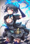  1girl absurdres black_gloves blush breasts character_request chromatic_aberration cleavage copyright_name elbow_gloves eyebrows_visible_through_hair gloves highres large_breasts looking_at_viewer parted_lips red_eyes short_hair sinoalice smile solo toki_(toki_ship8) 