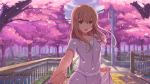  1girl blush brown_eyes brown_hair collarbone disembodied_limb holding_hand koe_no_katachi long_hair looking_at_viewer nishimiya_shouko open_mouth petals rafael-m smile tree 