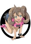  1girl :d all_fours bangs blush breasts brown_hair collarbone commentary_request dark_skin denim denim_shorts frilled_shorts frills full_body green_eyes hair_between_eyes high_heels long_hair looking_at_viewer no_legwear open_mouth pink_shirt pink_shoes poke_ball_print pokemon pokemon_(game) pokemon_xy quad_tails sana_(pokemon) scrunchie shiny shiny_skin shirt shoes short_sleeves shorts small_breasts smile solo teeth two-tone_background washizuka_shou wrist_scrunchie 