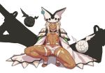  1girl abs barefoot belt beltbra breasts cape dark_skin feet guilty_gear guilty_gear_xrd hair_between_eyes hat highres looking_at_viewer navel orange_eyes ramlethal_valentine short_shorts shorts simple_background solo thigh_strap thighs toes toned under_boob white_background white_hair yoo_(1009980455) 