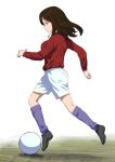  1girl a1 ball black_shoes breasts brown_eyes brown_hair cleats closed_mouth commentary_request expressionless from_side full_body girls_und_panzer kneehighs long_hair long_sleeves medium_breasts nonna profile purple_legwear red_shirt running shirt shoes shorts soccer_ball solo white_background white_shorts 