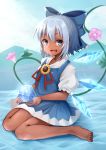  1girl blue_bow blue_eyes blue_hair blush bow cirno collarbone dark_skin flower hair_bow hidden_star_in_four_seasons highres ice ice_wings open_mouth short_hair sitting smile solo sunflower tanned_cirno tenneko_yuuri touhou wariza wings 