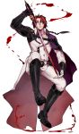  1boy black_hair blood boots braid capelet crowley_eusford full_body gloves highres male_focus multicolored_hair owari_no_seraph pointy_ears red_eyes redhead simple_background solo sword teeth two-tone_hair uguisu_(ryu) weapon white_background 