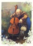  balding beard bird blue_cape boots bow_(instrument) brown_boots cape cello character_name day facial_hair gustav_(pixiv_fantasia) instrument looking_at_viewer male_focus music old_man outdoors pixiv_fantasia pixiv_fantasia_t plant playing_instrument sitting tierra818 