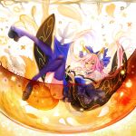  1girl absurdres animal_ears blue_bow blue_legwear bow breasts cleavage eyebrows_visible_through_hair fate/extra fate/grand_order fate_(series) hair_bow highres large_breasts long_hair looking_at_viewer mr._j.w pink_hair solo tamamo_(fate)_(all) tamamo_no_mae_(fate) thigh-highs twintails yellow_eyes 