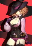  1girl absurdres belt blush breasts brown_eyes brown_hair cleavage corset garter_straps gloves hat hat_feather hat_over_one_eye highres jewelry large_breasts looking_at_viewer necklace okumura_haru parted_lips patreon_reward persona persona_5 purple_gloves shadow short_hair shorts smile solo songjikyo thigh-highs 
