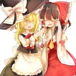  2girls apron blonde_hair blush bow chocolate_hair dango detached_sleeves feeding food frilled_shirt_collar frills hair_bow hair_ribbon hair_tubes hakurei_reimu hand_holding hat hat_bow hat_ribbon holding holding_hair kirisame_marisa kosencha large_bow long_hair long_skirt long_sleeves multiple_girls open_mouth ribbon skirt skirt_set touhou vest wagashi waist_apron wide_sleeves witch_hat yellow_eyes yuri 