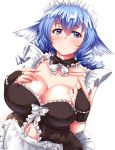  1girl :&gt; alternate_costume apron bangs black_dress blue_eyes blue_hair blush breasts bridal_gauntlets cleavage closed_mouth collarbone detached_collar dress enmaided frills hair_between_eyes head_fins highres large_breasts looking_at_viewer maid maid_headdress navel ringlets simple_background smile solo touhou upper_body waist_apron wakasagihime white_background zan_(harukahime) 