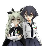  2girls anchovy anzio_(emblem) anzio_school_uniform arm_behind_back bangs belt black_cape black_hair black_necktie black_ribbon black_skirt braid brown_eyes cape commentary_request crossed_arms days135 dress_shirt drill_hair emblem girls_und_panzer green_hair hair_ribbon highres light_frown long_hair long_sleeves looking_at_viewer miniskirt multiple_girls necktie no_pupils open_mouth pepperoni_(girls_und_panzer) pleated_skirt red_eyes ribbon school_uniform shirt short_hair side_braid simple_background skirt standing twin_drills twintails upper_body white_background white_shirt 