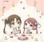  2girls :d artist_name asagumo_(kantai_collection) ascot blush bow brown_eyes brown_hair cake confetti cup cupcake detached_sleeves drink drinking_glass food fork green_hair grey_eyes hair_bow hair_rings kantai_collection long_hair multiple_girls nuno_(pppompon) open_mouth school_uniform shirt short_sleeves skirt smile star steam string suspender_skirt suspenders teeth twintails very_long_hair white_shirt zuikaku_(kantai_collection) 