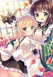  2girls ama_usa_an_uniform animal anko_(gochiusa) apron bangs black_skirt blonde_hair blunt_bangs blush breasts brown_hair closed_mouth cowboy_shot crescent crown eyebrows_visible_through_hair fleur_de_lapin_uniform flower frilled_apron frilled_cuffs frilled_skirt frills from_behind gochuumon_wa_usagi_desu_ka? green_eyes green_kimono hair_flower hair_ornament hair_ribbon hand_holding indoors interlocked_fingers japanese_clothes kimono kirima_sharo kurou_(quadruple_zero) long_hair long_sleeves looking_at_viewer maid_headdress medium_breasts mini_crown multiple_girls open_mouth petals puffy_short_sleeves puffy_sleeves rabbit ribbon shirt short_hair short_sleeves sidelocks skirt smile striped striped_kimono sunlight thigh-highs ujimatsu_chiya wall white_apron white_legwear white_shirt wide_sleeves wrist_cuffs 