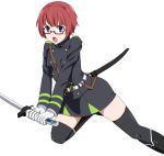  1girl boots endou_yayoi glasses gloves military military_uniform open_mouth owari_no_seraph redhead ribonzu simple_background solo sword teeth thigh-highs uniform violet_eyes weapon white_background 