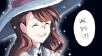  1girl brown_hair closed_eyes eliln hat kagari_atsuko little_witch_academia open_mouth simple_background smile witch witch_hat 