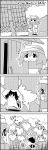  1girl 4koma animal_ears bow carrying_overhead cirno comic commentary_request door futatsuiwa_mamizou glasses greyscale hair_bow hat highres letty_whiterock monochrome person_on_tail pince-nez raccoon_ears raccoon_tail scarf short_hair shoujo_kitou-chuu smile tail tani_takeshi touhou translation_request watering watering_can yukkuri_shiteitte_ne 