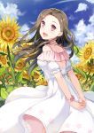  1girl :d arms_behind_back brown_hair clouds cloudy_sky dance_of_eternity day dress floating_hair highres long_dress long_hair looking_at_viewer looking_back open_mouth original outdoors pink_eyes short_sleeves sky smile solo standing sundress white_dress wrist_cuffs yellow_flower 