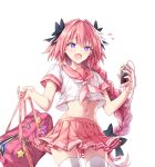  1boy bag blush braid cellphone commentary_request fang fate/apocrypha fate/grand_order fate_(series) hair_ribbon headphones long_hair looking_at_viewer male_focus midriff navel open_mouth phone pink_hair pleated_skirt ribbon rider_of_black school_bag school_uniform serafuku simple_background single_braid skirt solo thigh-highs trap uchuu_gorira violet_eyes white_background white_legwear 