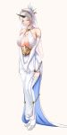  &gt;:) 1girl bare_shoulders blue_eyes breasts chains cleavage closed_mouth dress elbow_gloves elf faulds folded_ponytail full_body gloves hairband highres horn hoshara large_breasts original pelvic_curtain pointy_ears revealing_clothes silver_hair smile solo standing thigh-highs v_arms veil white_dress white_gloves white_legwear 