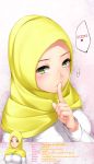  1girl absurdres blush english green_eyes highres hijab kopianget original smile solo 