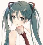  1girl bare_shoulders blue_eyes blue_hair blush eyebrows_visible_through_hair hatsune_miku looking_at_viewer necktie parted_lips red_necktie rurikoma sleeveless smile solo twintails upper_body vocaloid 