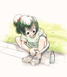  1girl asui_tsuyu black_eyes boku_no_hero_academia bottle casual frog_girl full_body grass green_hair highres long_hair outdoors pavement ponytail shiny shiny_hair shirt shoelaces shoes short_sleeves sitting solo t-shirt tied_hair tongue tongue_out water_bottle 