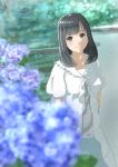  1girl arms_at_sides black_hair blue_eyes blush breasts collarbone eyebrows_visible_through_hair flower highres hydrangea k_ryo large_breasts long_hair looking_at_viewer original smile solo standing 