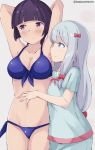  2girls aqua_eyes armpits arms_up bangs bikini blue_bikini blunt_bangs blush bow breasts cleavage cowboy_shot eromanga_sensei front-tie_top grey_background groin hair_bow izumi_sagiri long_hair low-tied_long_hair medium_breasts multiple_girls navel pink_bow purple_hair senju_muramasa short_hair side-tie_bikini silver_hair simple_background sleepwear smile swimsuit tasora twitter_username violet_eyes 