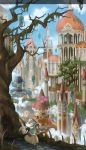  1girl animal artist_name bag brown_eyes brown_hair castle handbag highres holding_lantern inika long_hair looking_away open_mouth original rabbit scenery tree 