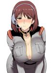  1girl belt blush breasts brown_eyes brown_hair cleavage collar erect_nipples gundam gundam_lost_war_chronicles harukon_(halcon) headset highres huge_breasts leaning_forward looking_at_viewer military military_uniform noel_anderson parted_lips profanity shiny shiny_skin short_hair simple_background solo sweat sweating teeth uniform wet_clothes white_background 