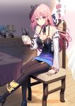  1girl arm_support bed black_legwear chair character_doll commentary_request cup full_body indoors looking_at_viewer original pantyhose parted_lips pink_eyes pink_hair ririko_(zhuoyandesailaer) sitting smile teacup wooden_floor 