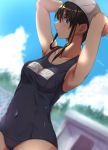  1girl armpits arms_up black_hair blue_eyes blue_sky blush breasts building clothes_writing clouds collarbone covered_navel fence idolmaster idolmaster_cinderella_girls long_hair looking_at_viewer looking_to_the_side murasame_nohito name_tag sagisawa_fumika school_swimsuit sky swim_cap swimsuit tree 