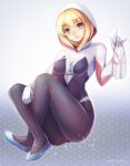  1girl artist_name blonde_hair blue_eyes blush breasts character_request copyright_request eyebrows_visible_through_hair large_breasts looking_at_viewer parted_lips short_hair smile solo spider-gwen spider-man_(series) umitonakai 
