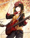  1girl absurdres black_eyes black_hair blush breasts collarbone eyebrows_visible_through_hair eyepatch girls_frontline guitar hat highres holding_instrument instrument jewelry large_breasts looking_at_viewer necklace parted_lips red_hat smile solo teeth xing_muhen 