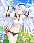  1girl :d angel_wings black_hairband black_panties blue_eyes blush bow breasts cleavage collarbone cowboy_shot eyebrows_visible_through_hair falkyrie_no_monshou feathered_wings groin hair_bow hairband highres looking_at_viewer medium_breasts midriff navel open_mouth panties shirt short_hair short_sleeves silver_hair smile solo sparkle stomach tied_shirt underwear white_feathers white_shirt white_wings wings 