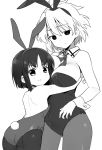  2girls :&gt; animal_ears back bare_shoulders bow bowtie bunny_pose bunnysuit detached_collar hug kakura_kurumi kosegawa_shiromi monochrome multiple_girls pantyhose rabbit_ears shisoneri short_hair wrist_cuffs 