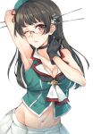  1girl armpits bare_arms bare_shoulders beret black_gloves black_hair breasts choukai_(kantai_collection) cleavage collarbone glasses gloves hat kantai_collection long_hair midriff military military_uniform pleated_skirt red_eyes remodel_(kantai_collection) rimless_glasses rinarisa simple_background skirt sleeveless solo uniform white_background white_skirt 