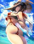  1girl ass bare_shoulders black_hair blush breast_hold breasts clouds erect_nipples flower green_eyes guilty_gear hat hat_flower heterochromia i-no large_breasts oro_(sumakaita) parted_lips self_fondle short_hair sky smile solo straw_hat sunglasses sunglasses_on_head water witch_hat yellow_eyes 