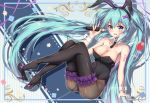  1girl \m/ animal_ears aqua_hair black_legwear blue_eyes blush breasts hatsune_miku high_heels leotard long_hair medium_breasts microphone rabbit_ears shoe_dangle sitting solo thigh-highs twintails very_long_hair vocaloid wrist_cuffs 