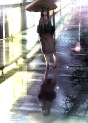  1girl black_hair blue_eyes hairband high_heels idolmaster idolmaster_cinderella_girls lamppost lights long_hair looking_at_viewer looking_to_the_side murasame_nohito rain reflection road sagisawa_fumika shawl sky star_(sky) starry_sky sweater umbrella 