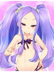  1girl breasts fate/grand_order fate_(series) hand_on_hip loincloth long_hair naughty_face navel purple_hair ribbon small_breasts smile solo twintails upper_body v very_long_hair violet_eyes wu_zetian_(fate/grand_order) 