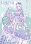  1girl absurdres alternate_costume anotoki_ashi bangs bell_mccamp_(zhan_jian_shao_nyu) bird birdcage blank_stare blue_hat blue_jacket blunt_bangs bow cage character_name closed_mouth dress eagle empty_eyes essex_(zhan_jian_shao_nyu) fishnet_legwear fishnets flower frilled_dress frilled_hat frilled_jacket frills green_background hair_over_shoulder hair_ribbon hand_on_bar-shaped_object hat hat_flower highres jacket lolita_fashion long_hair long_twintails looking_down mini_hat no_shoes open_hand pink_bow purple_dress purple_flower purple_hair purple_ribbon red_eyes ribbon see-through simple_background sitting sitting_on_object thigh-highs too_many too_many_frills top_hat zhan_jian_shao_nyu 