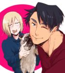  2boys ;) black_hair blonde_hair blue_eyes cat con_potata green_eyes hair_over_one_eye hood hoodie jean-jacques_leroy male_focus multiple_boys one_eye_closed puma_tiger_scorpion smile yuri!!!_on_ice yuri_plisetsky 