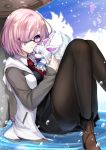  1girl black-framed_eyewear black_legwear black_skirt fate/grand_order fate_(series) fou_(fate/grand_order) glasses hair_over_one_eye looking_at_viewer mamo_(fortune-mm) necktie pantyhose pink_hair red_necktie revision ripples shield shielder_(fate/grand_order) short_hair sitting skirt violet_eyes water water_drop 