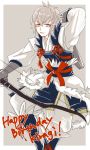  bow_(weapon) english fire_emblem fire_emblem_if holding holding_weapon japanese_clothes kisaragi_(fire_emblem_if) looking_at_viewer red_eyes simple_background smile solo weapon white_hair 