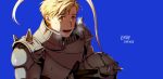  1boy 2017 alphonse_elric armor blonde_hair blue_background breath dated fullmetal_alchemist gloves headwear_removed helmet helmet_removed looking_at_viewer open_mouth short_hair smile solo sweat text yellow_eyes 