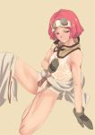  1girl bare_legs blush gloves goggles goggles_on_head green_eyes highres koutetsujou_no_kabaneri midriff muscle muscular_female navel okape partially_undressed pink_hair solo sweat tan_background tank_top thighs wet wet_clothes yukina_(kabaneri) 